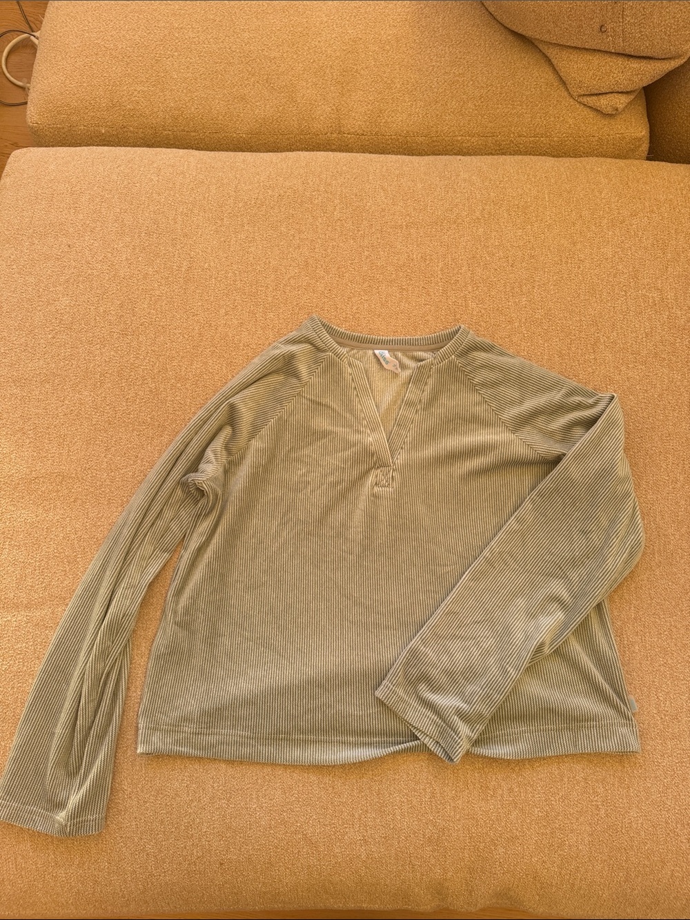 Women’s Plush Long-Sleeve Ribbed PJ Top - Sage Green and White Pin Stripes